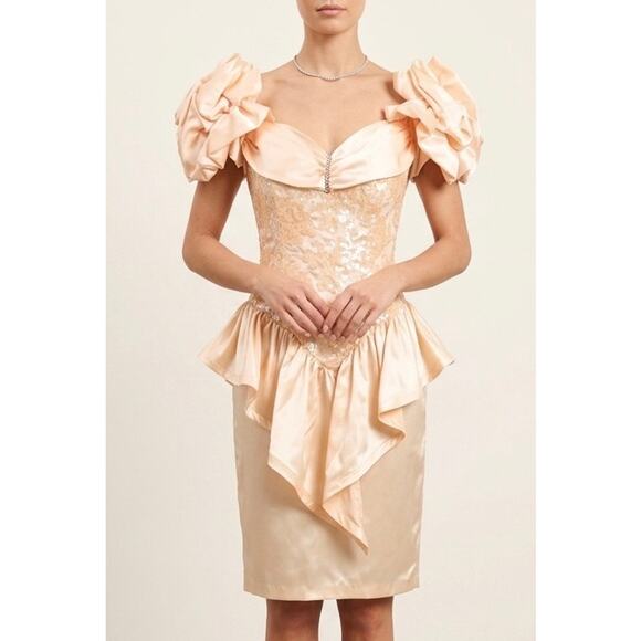 Zum Zum by Niki Livas Dresses & Skirts - Vtg 90s Zum Zum Prom Dress 11/12 Peach Pink Sequin Peplum Puff Sleeve ILGWU USA